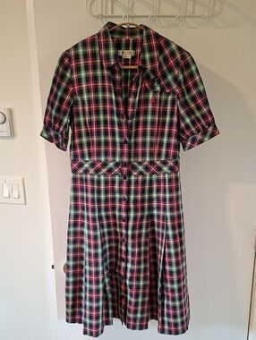 Bean Pole Korean Navy, Green & Pink Plaid Puff-sleeve Pleated Dress (Size S)